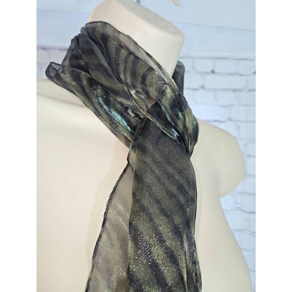 New York & Co Green/Black Zebra Striped Rectangular Neck or Head Scarf - Picture 3 of 5